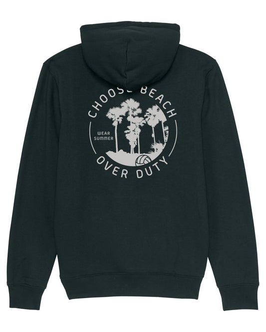 Beachvolleyball Bekleidung Streetwear Sportswear Oberteil hoodie black mit Markenlabel
Pack Shot Großer weißer Rückenprint Palmen wear summer