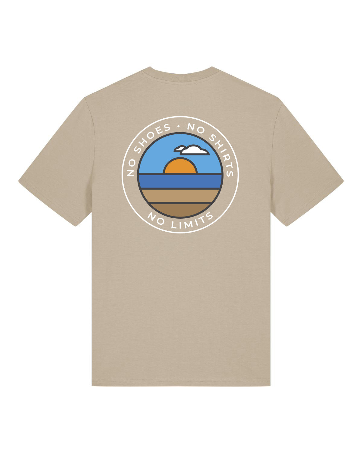 Beachvolleyball Bekleidung Streetwear Sportswear Oberteil Tshirt sand mit Markenlabel Großer Rückenprint Sonnenuntergang im Kreis No Shoes No Shirts No Limits Aufschrift
Pack Shot